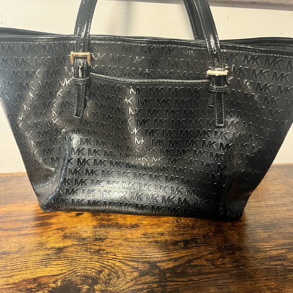 Michael Kors Black Embossed MK Logo Tote with Gold Nameplate - Picture 2 of 3